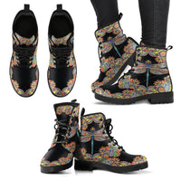 Ankle Boots, Women's Lace Up, Combat boots, Classic Short boots-Dragonfly Rainbow - MaWeePet- Art on Apparel