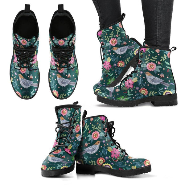 Floral Bird-Women's colorful Boots, Combat boots, Hippie Boots vegan Leather - MaWeePet- Art on Apparel