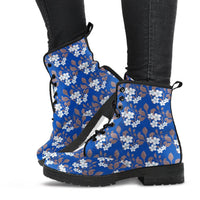 White flower on Blue- Combat boots, Boho Hippie Boots - MaWeePet- Art on Apparel
