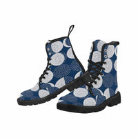 Circles Blue and White -Women's Canvas Boots, Combat boots, Hippie Boots - MaWeePet- Art on Apparel