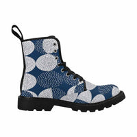 Circles Blue and White -Women's Canvas Boots, Combat boots, Hippie Boots - MaWeePet- Art on Apparel