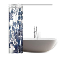 Willow Pattern Shower Curtain for standard sized bath tubs, fitted with C-shaped curtain hooks - MaWeePet- Art on Apparel