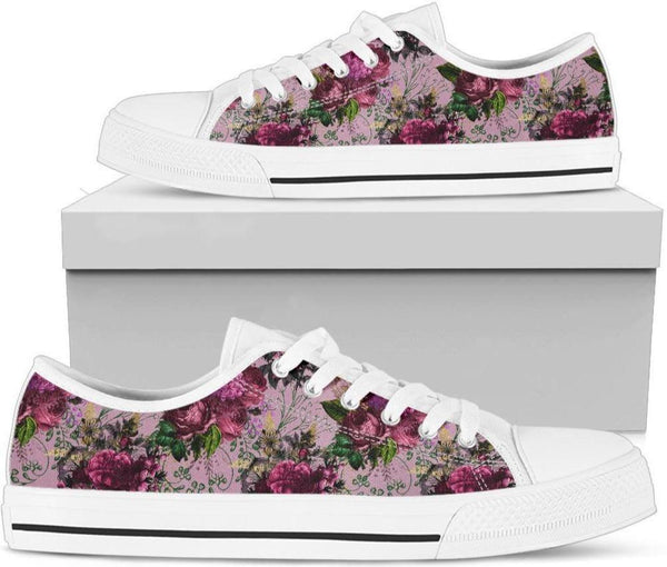 Sneakers-Pink Floral -Womans Low Top Canvas Sneakers, Cruise Fashion Shoes - MaWeePet- Art on Apparel