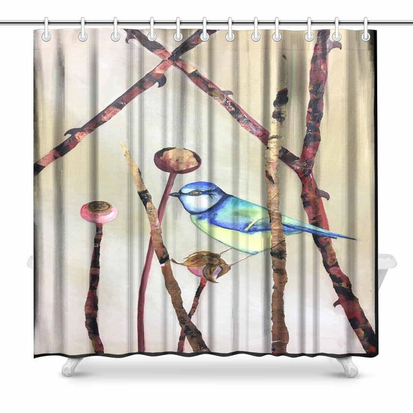 Shower Curtain watercolour bird for standard sized bath tubs, fitted with C-shaped curtain hooks - MaWeePet- Art on Apparel