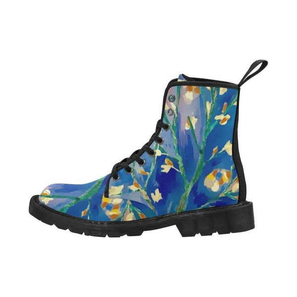 Blue Blossoms - Women's Canvas Boots, Combat boots , Handcraft Boots, Womens Boots, Combat Shoes, Hippie Boots - MaWeePet- Art on Apparel
