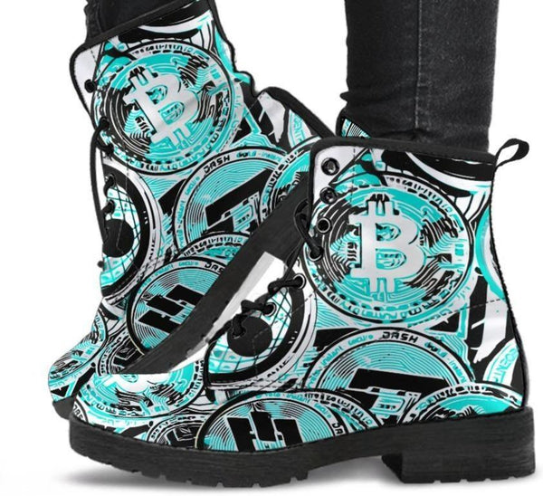 Combat boots,  Classic Combat Boots Lace up Boots- Bitcoin Crypto Blue-Women's - MaWeePet- Art on Apparel