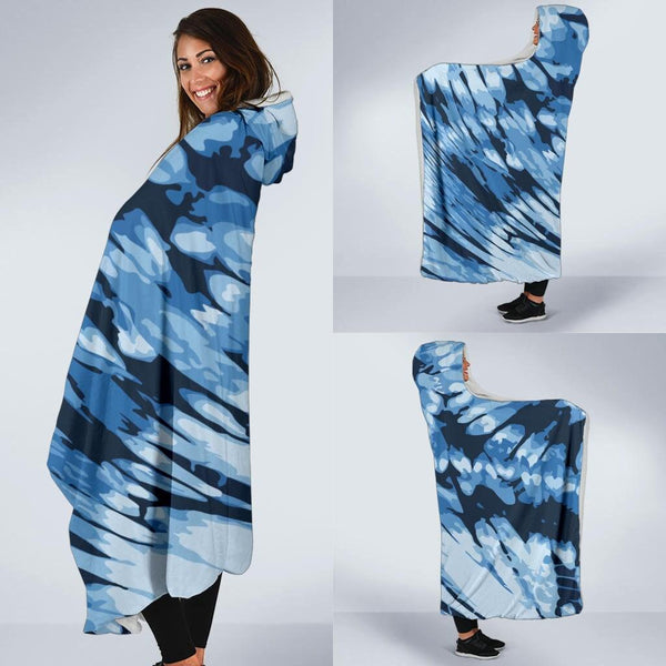 Blue Tie Dye-Hooded Blanket, Fleece Cloak, Wearable Blanket, Surf Wear, Festival Clothes, Camping Fleece - MaWeePet- Art on Apparel