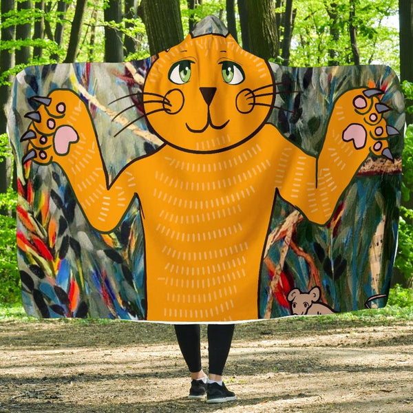 Orange Cat-Hooded Blanket, Fleece Cloak, Wearable Blanket, Surf Wear, Festival Clothes, Camping Fleece - MaWeePet- Art on Apparel