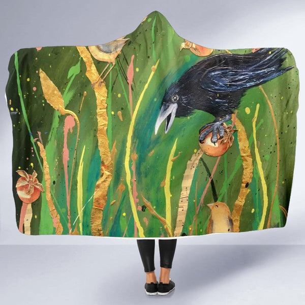 Raven Crow Abstract-Hooded Blanket, Wearable Blanket, Cosy Fleece, Surf Wear, Festival Clothes, Camping Fleece - MaWeePet- Art on Apparel