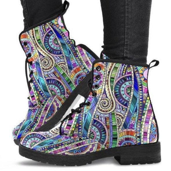 Paisley Mandela -Women's Vegan leather  Combat Shoes, Hippie Boots Lace up, Classic Short boots - MaWeePet- Art on Apparel
