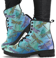 Blue Dragonfly -Women's Hippy, Vintage Style Festival Combat, Hippie Boots Lace up, Classic Short boots - MaWeePet- Art on Apparel