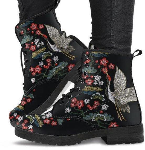Egret Bird Blossom -Women's Combat boots, Hippie Boots Lace up, Classic Short boots - MaWeePet- Art on Apparel