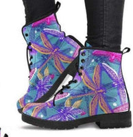 Purple Dragonfly- Combat boots,  Festival Combat, Hippie Boots Lace up, Classic Short boots - MaWeePet- Art on Apparel