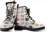 Cat Faces white -Combat boots,  Festival Combat, Hippie Boots Lace up, Classic Short boots - MaWeePet- Art on Apparel