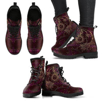 Lace up Boots, Classic Combat Boot 'Maroon Sun and Moon' Womens - MaWeePet- Art on Apparel