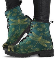 Green Dragonfly -Women's Combat boots,  Festival Combat, Hippie Boots Lace up, Classic Short boots - MaWeePet- Art on Apparel