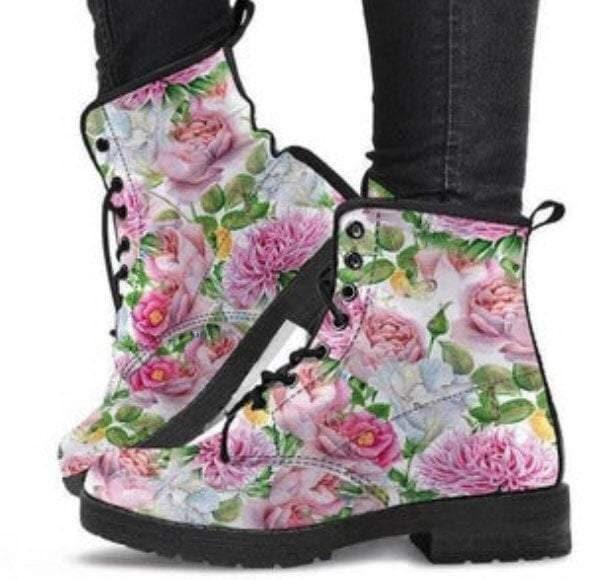 Watercolor Floral -Women's colorful Boots,Combat boots, Festival Combat, Hippie Boots vegan Leather - MaWeePet- Art on Apparel