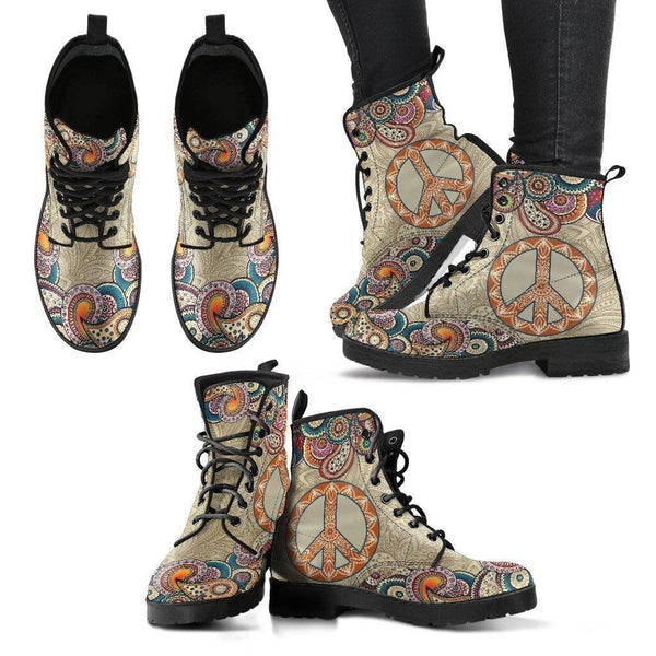 Mandala Peace -Women Boots, Combat boots,  Festival Combat, Hippie Boots Lace up, Classic Short boots - MaWeePet- Art on Apparel