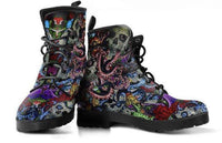 Sugar Skull Octopus -Women's  Doc  Style Festival Combat, Hippie Boots Lace up, Classic Short boots - MaWeePet- Art on Apparel
