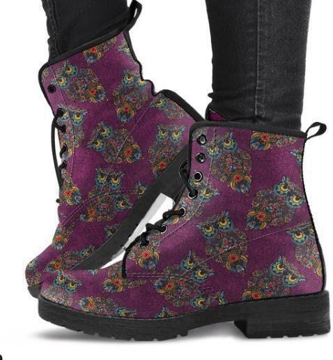 Owl -Women's Combat boots,  Festival, Combat, Vintage Hippie Lace up Boots - MaWeePet- Art on Apparel