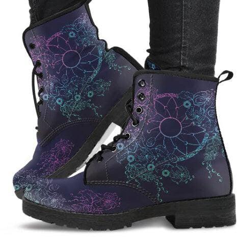 Floral Dream Catcher - Ankle Boots, Vegan Leather, Women's Lace Up, Combat boots for woman, Classic Short boots - MaWeePet- Art on Apparel