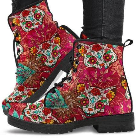 Sugar Skulls Cat- Ankle Boots, Women's Shoes, Vegan Leather, Lace Up, Classic Boots - MaWeePet- Art on Apparel