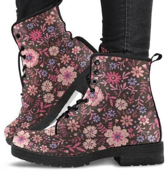 Sweet Flowers  -Women's Boot , Combat boots,  Vegan Friendly Boho Boots, Combat, Hippie Boots Lace up, Classic Short boots - MaWeePet- Art on Apparel