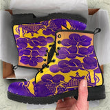 Willow Pattern yellow and purple -Festival Combat, Hippie Boots vegan Leather Lace up, Classic Short boots - MaWeePet- Art on Apparel