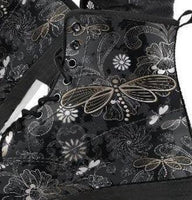 Flower and Dragonfly on black -Women's Bohemian, Festival, Combat, Hippie Boots - MaWeePet- Art on Apparel