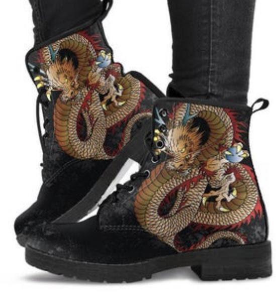 Chinese Dragon -Women's vegan leather, Festival, Boho, Combat, Hippie Boots - MaWeePet- Art on Apparel