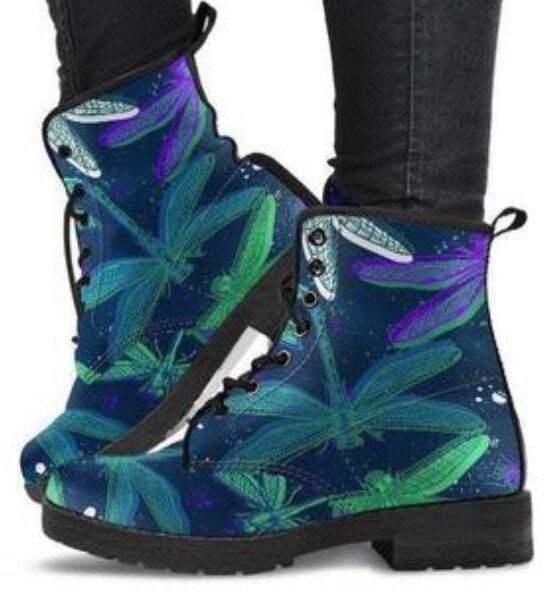Mystical Dragonfly-Women's Festival Hippie Combat boots, Lace up, Classic Short boots - MaWeePet- Art on Apparel