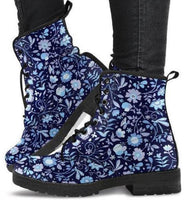Flower Floral-Women's Blue flowers, Doc  Style Festival Combat, Hippie Boots Lace up, Classic Short boots - MaWeePet- Art on Apparel