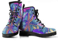 Purple Dragonfly- Combat boots,  Festival Combat, Hippie Boots Lace up, Classic Short boots - MaWeePet- Art on Apparel