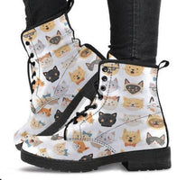 Cat Faces white -Combat boots,  Festival Combat, Hippie Boots Lace up, Classic Short boots - MaWeePet- Art on Apparel