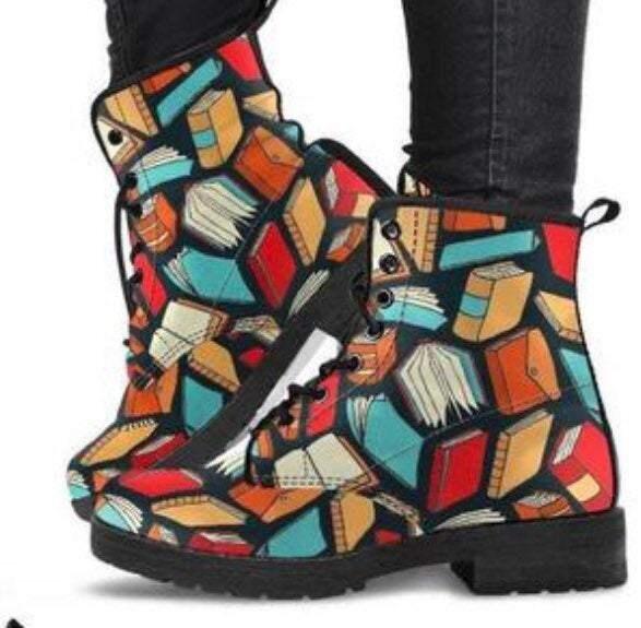 Books-Women's Combat boots,  Festival Combat, Hippie Boots Lace up, Classic Short boots - MaWeePet- Art on Apparel