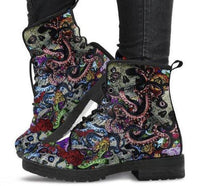 Sugar Skull Octopus -Women's  Doc  Style Festival Combat, Hippie Boots Lace up, Classic Short boots - MaWeePet- Art on Apparel