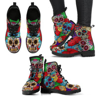 Rainbow Skull Floral-Women Boots, Vintage Style Festival Combat, Hippie Boots - MaWeePet- Art on Apparel