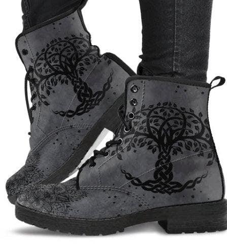 Grey Tree Of Life- Ankle Boots Vegan Leather, Women's Lace Up, Combat boots for woman, Classic Boots Lace up - MaWeePet- Art on Apparel