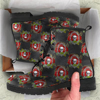 Ankle Boots, Unisex Lace Up, Combat boots, Classic Short boots- Christmas Wreath Skulls. Mens and womans sizes - MaWeePet- Art on Apparel