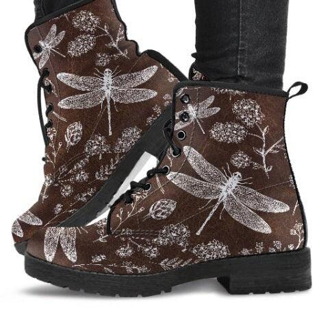 Ankle Boots, Women's Lace Up, Combat boots, Classic Short boots-Brown white Dragonfly - MaWeePet- Art on Apparel