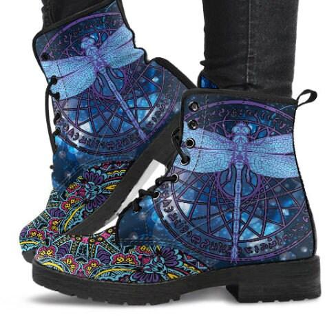 Dragonfly Blue -Ankle Boots, Women's Lace Up, Combat boots, Classic Short boots - MaWeePet- Art on Apparel