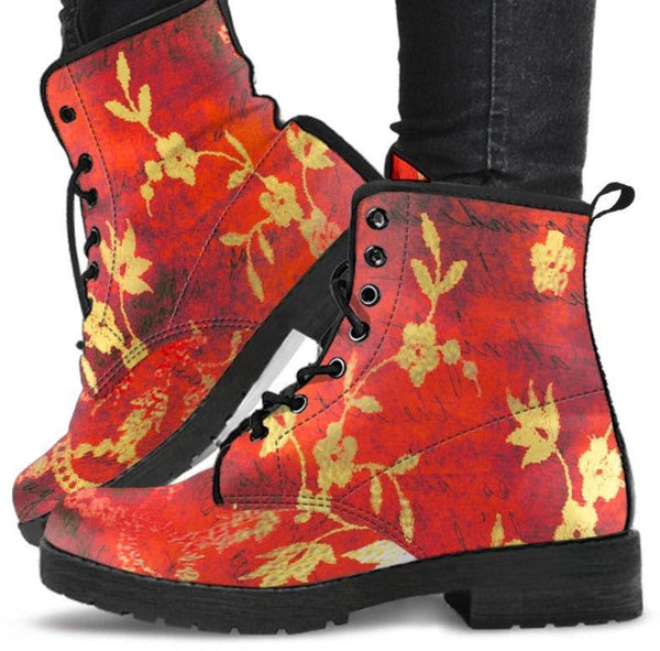 Combat, Boots Lace up, Classic Short boots, Combat boots, -  Red and Gold - MaWeePet- Art on Apparel