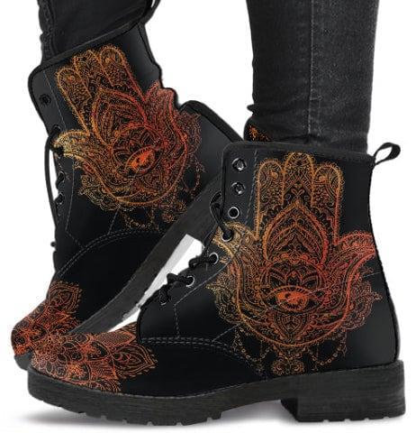 Hamsa Hand -Women's Boho Boots, Combat boots,  Festival Combat, Hippie Boots Lace up, Classic Short boots - MaWeePet- Art on Apparel