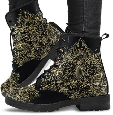 Gold Lotus -Women's Boho Boots, Combat boots,  Festival Combat, Hippie Boots Lace up, Classic Short boots - MaWeePet- Art on Apparel