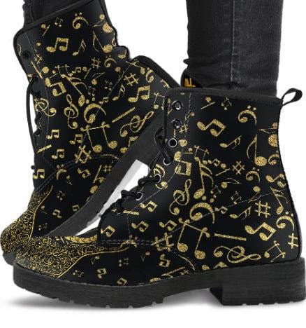 Gold Music Notes -Women's Boho Boots, Combat boots,  Festival Combat, Hippie Boots Lace up, Classic Short boots - MaWeePet- Art on Apparel
