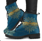 Ankle Boots, Women's Lace Up, Combat boots, Classic Short boots-Gold Blue Dragonfly - MaWeePet- Art on Apparel