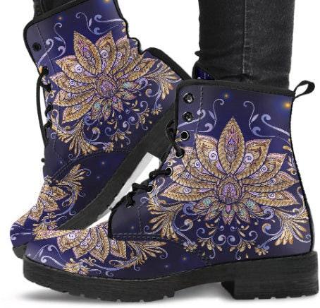 Elegant Lotus-Women's Boho Boots, Combat boots,  Festival Combat, Hippie Boots Lace up, Classic Short boots - MaWeePet- Art on Apparel