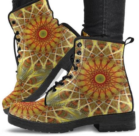 Fractal Mandala -Women's Boho Boots, Combat boots,  Festival Combat, Hippie Boots Lace up, Classic Short boots - MaWeePet- Art on Apparel