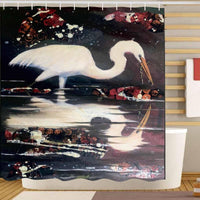 Shower Curtain white stork for standard sized bath tubs, fitted with C-shaped curtain hooks - MaWeePet- Art on Apparel