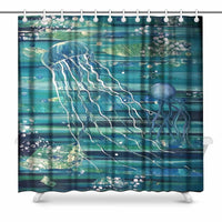 Shower Curtain abstract jellyfish for standard sized bath tubs, fitted with C-shaped curtain hooks - MaWeePet- Art on Apparel